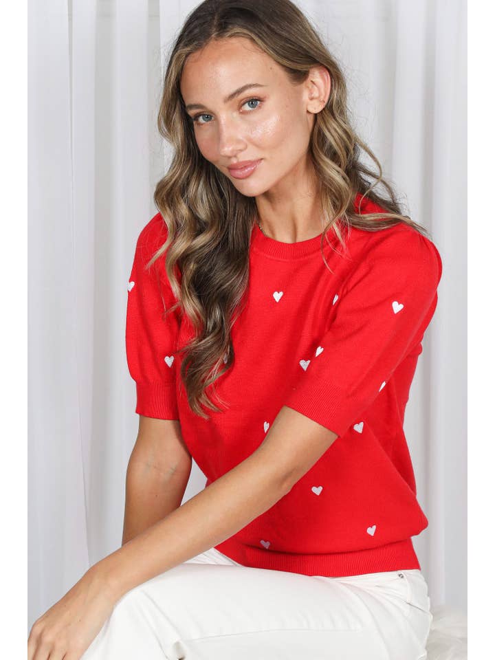 Vine & Love - Wholesale Knit Sweater - Women's - Sweetheart Embroidery Short Puff Knitted Sweater VT82686C17