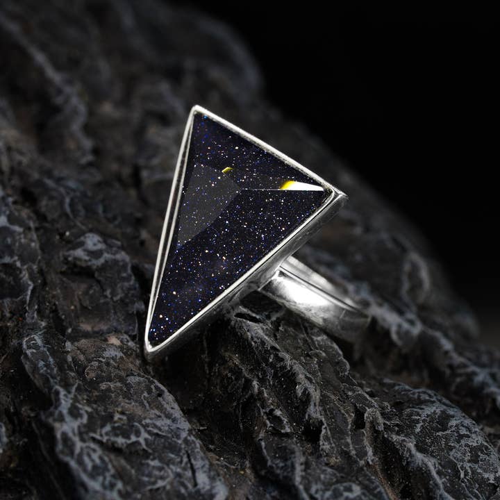 Black Feather Design – wholesale Cocktail/statement ring – Geometric Blue Goldstone Ring - 925 Silver - Adjustable8