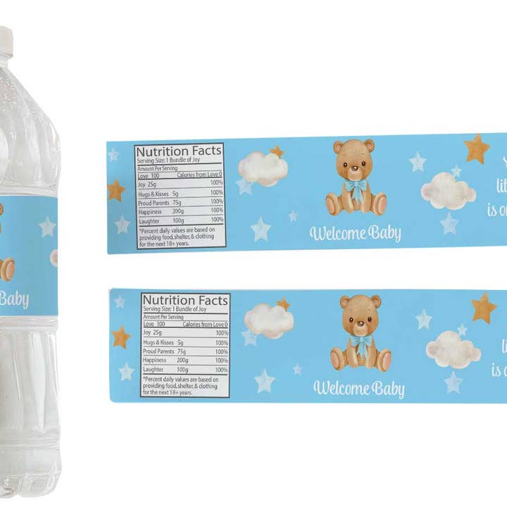 Water bottle labels Baby shower favors teddy bear boys for wholesale by Digitaldoodlebug