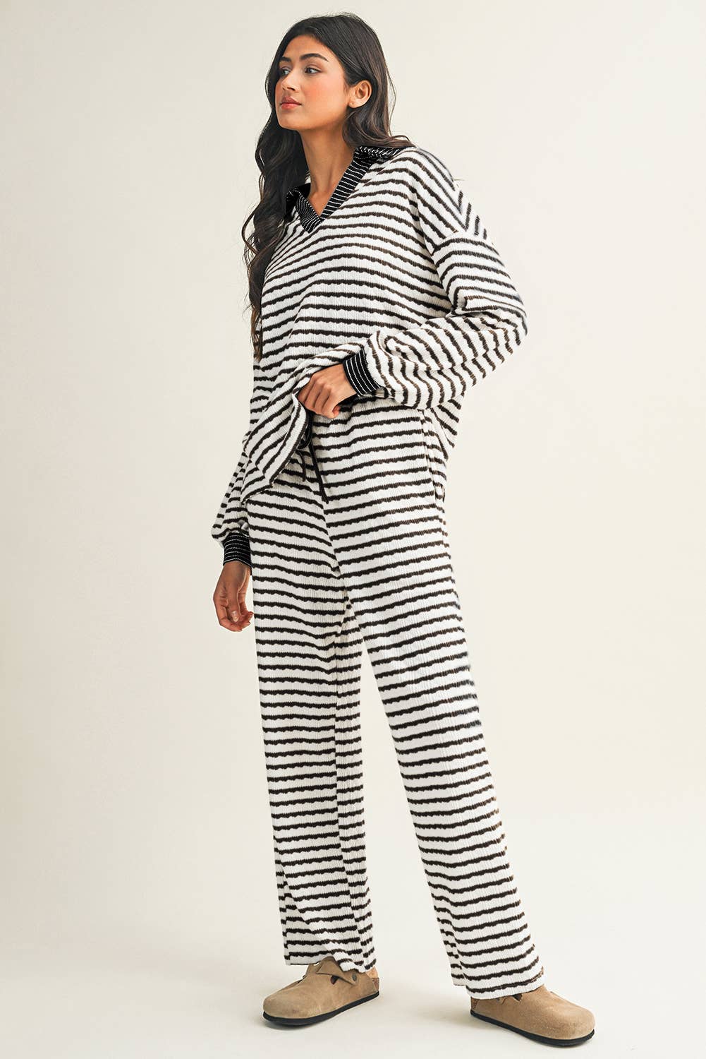 Little Daisy Closet - Wholesale Lounge Set - Women's -  LDC Stripe Collared Pullover Top and Drawstring Pant Set13