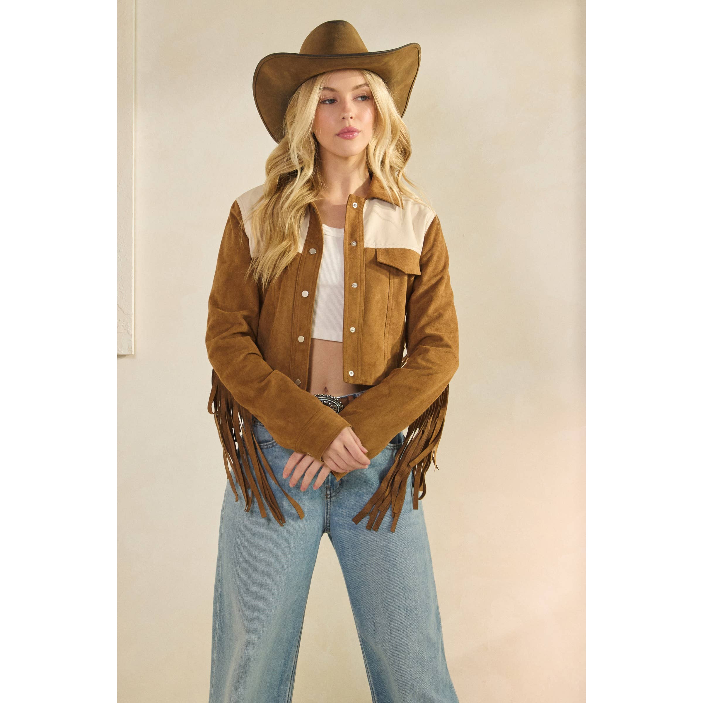 Camel Suede Jacket with Fringe Detail for wholesale on Faire6