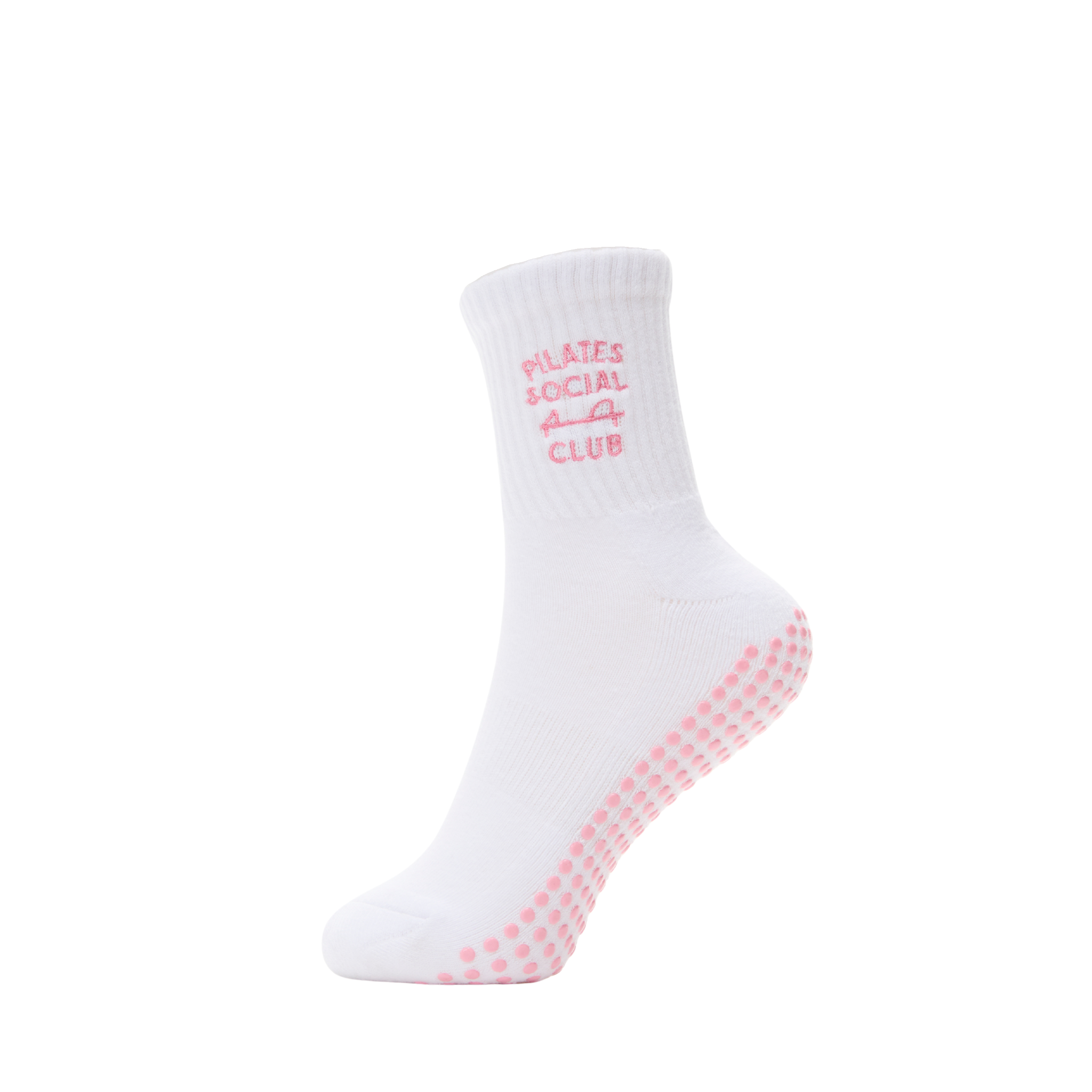White Pilates Social Club Grip Crew Socks for wholesale on Faire13