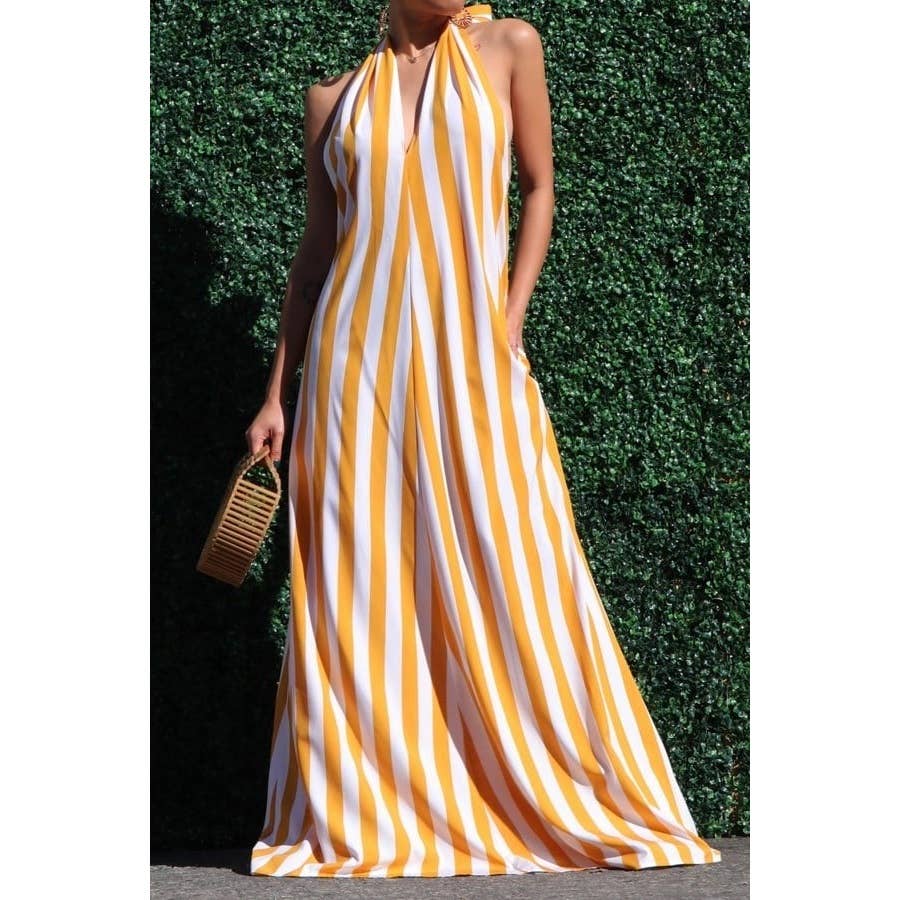 Esmeray Clothing - Wholesale Dress - Women's - Striped Halter Neck Maxi Dress with Side Pocket0