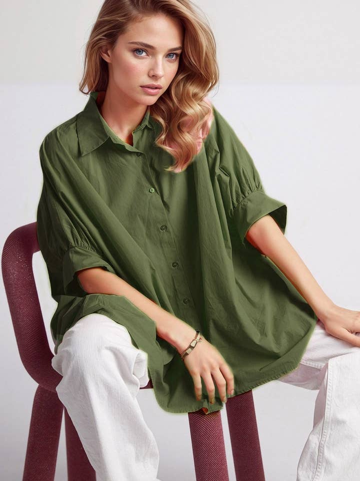 Blusa oversize verde con manica corta per la vendita all'ingrosso da parte di Q2—All Orders:Free Duties for the US,UK,and Canada