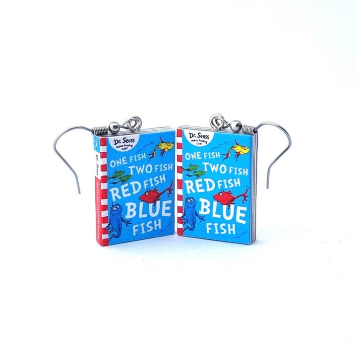 One Fish Two Fish Red Fish Blue Fish book earrings for wholesale by Cheeky Little Monkeys Jewellery