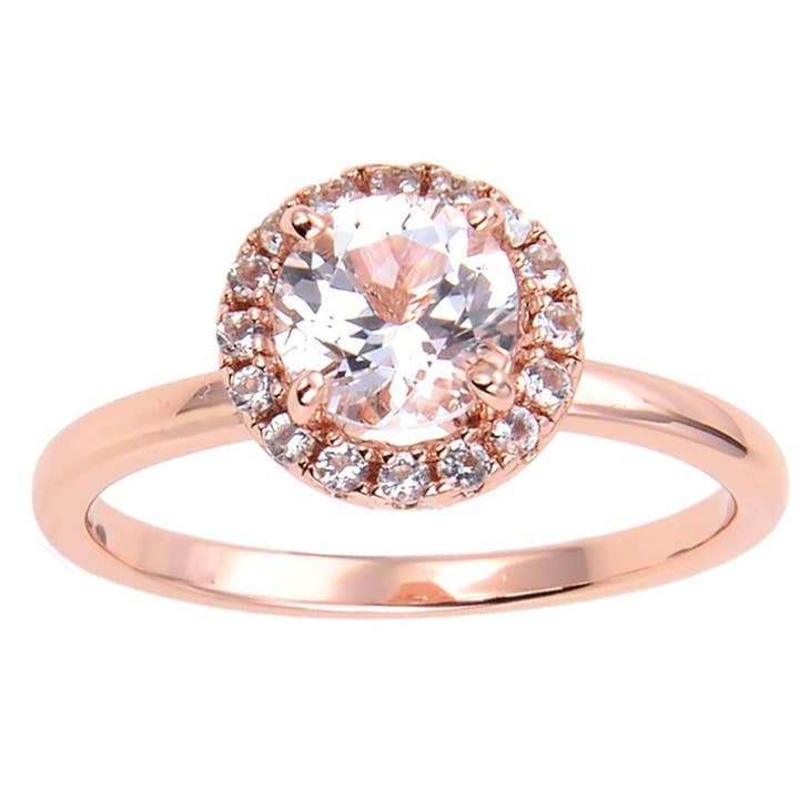 Bague de fiançailles halo en argent plaqué or rose avec topaze blanche pour la vente par FCJ Jewelry LLC