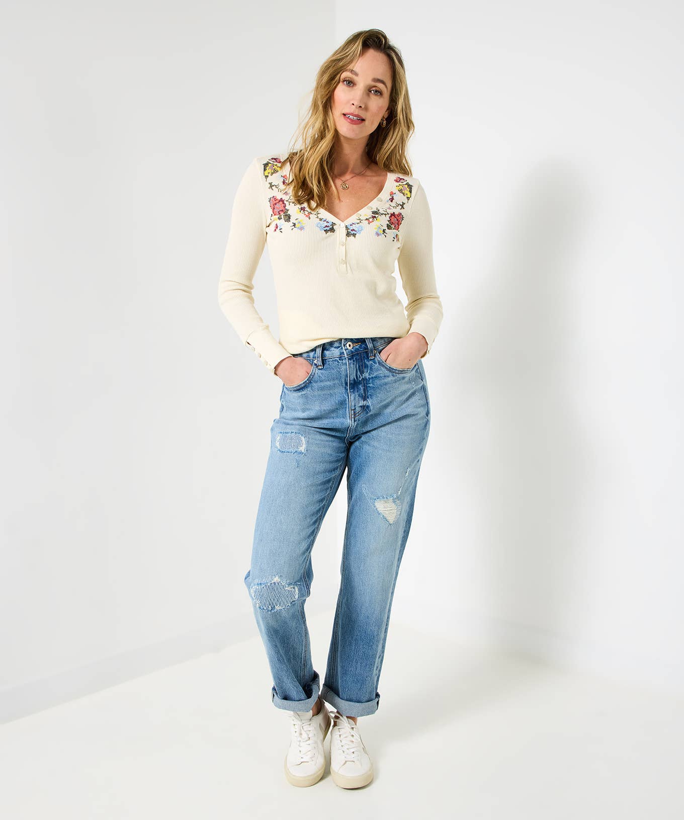 Cream Exquisite Embroidered Henley Top for wholesale on Faire4