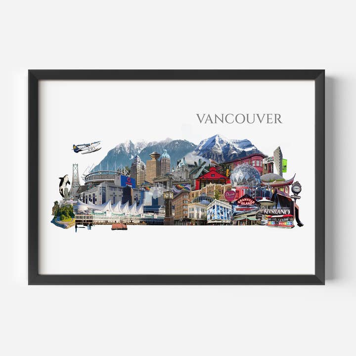 Impression artistique de la ligne d'horizon de Vancouver : Collage de la côte ouest du Canada pour la vente par Cityscapes by Lyndon Wiebe