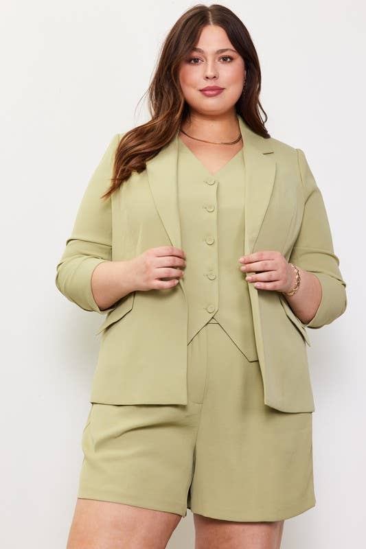SKIES ARE BLUE - Wholesale Blazer - Women's - Plus Size Recycled Poly Shirred Sleeve Blazer4