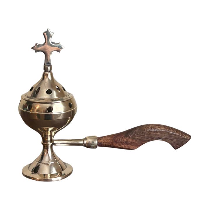 Incense Burner w/ Handle Brass 8" for wholesale by Oremus Mercy