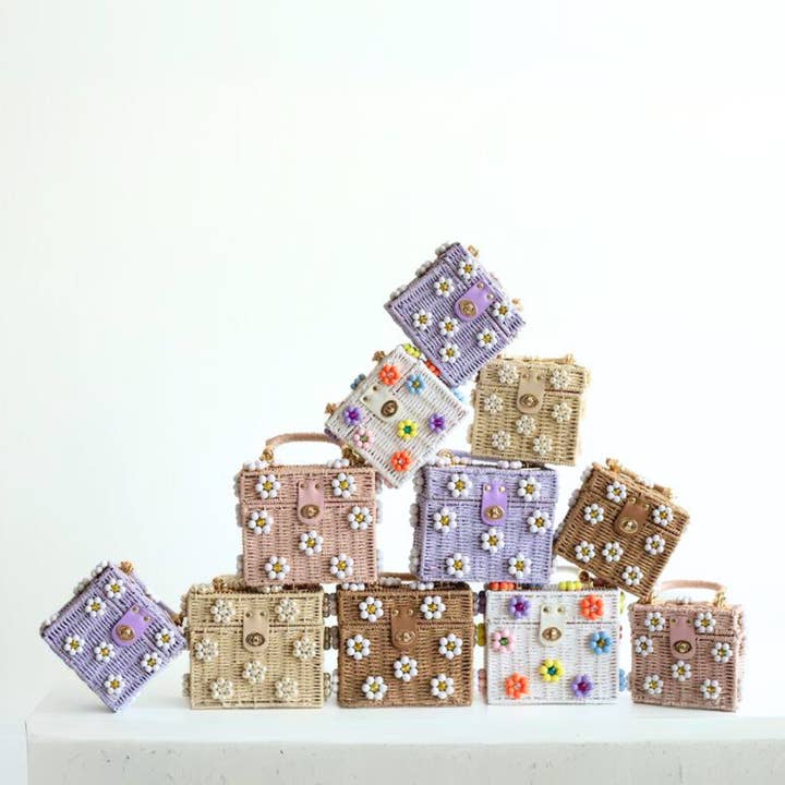 By Jenna Lee - Wholesale Top Handle Bag - Women's - Wicker Bucket Daisy Flower Purse