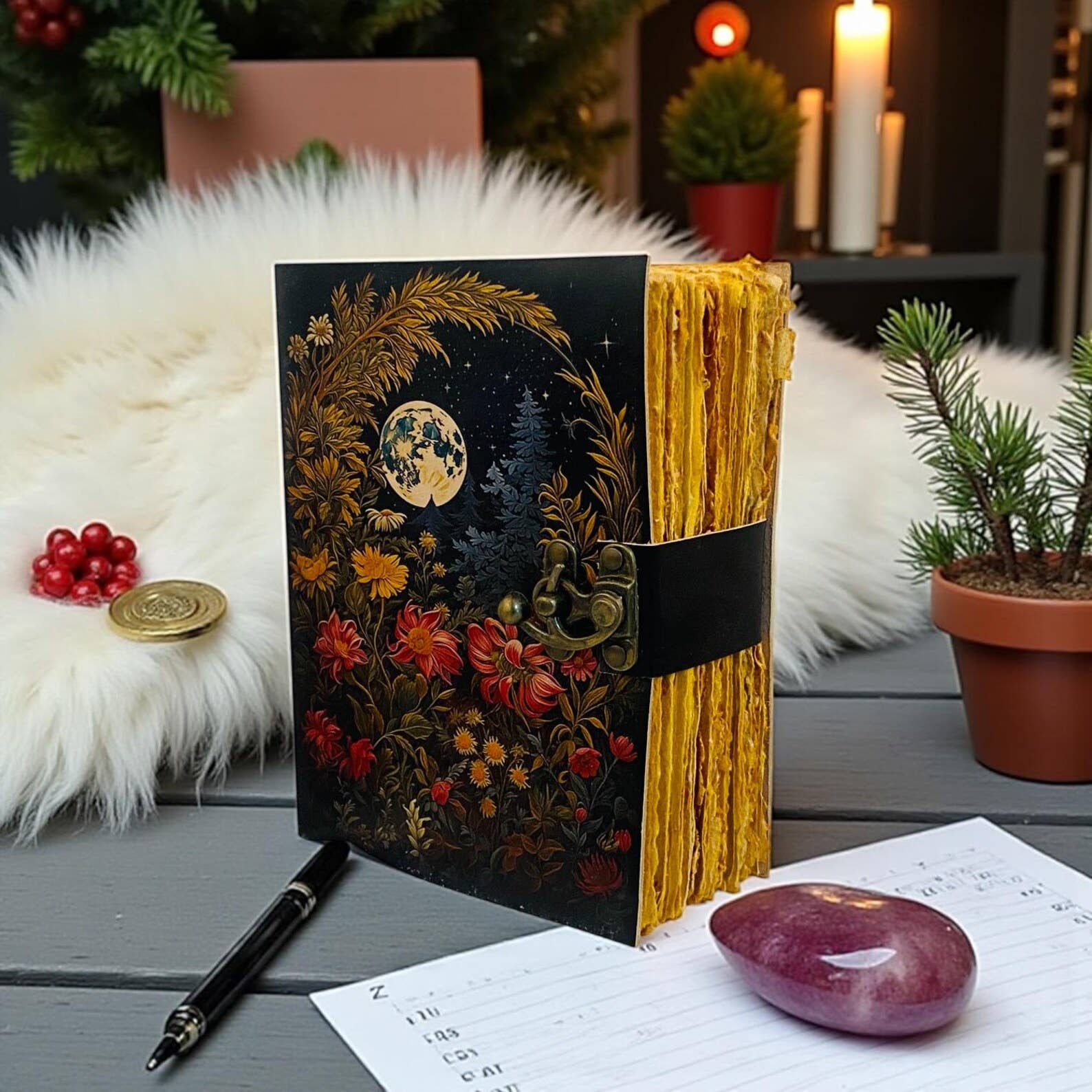 MNM HANDICRAFTS - Wholesale Dagboek/agenda - Handgemaakt Leren Dagboek met Maan Bloemen Kerstcadeau1