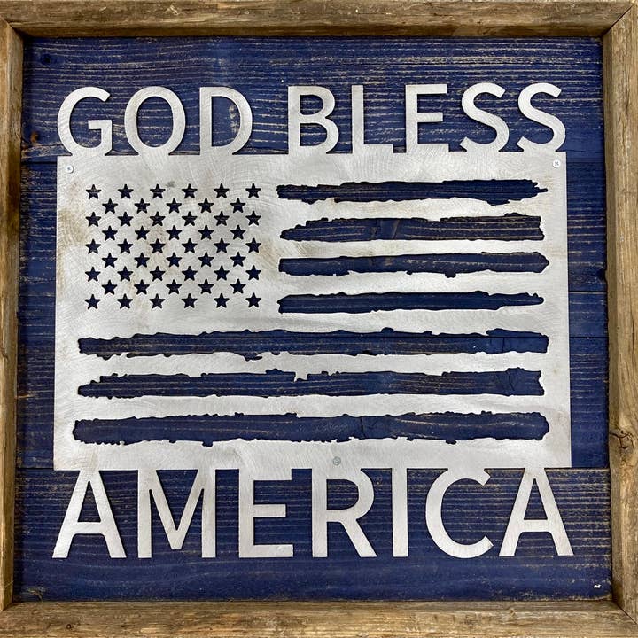 RUSTIC RECLAIMED FRAME "GOD BLESS AMERICA" FLAG, BLUE/SILVER for wholesale by Recherche Furnishings, Inc.