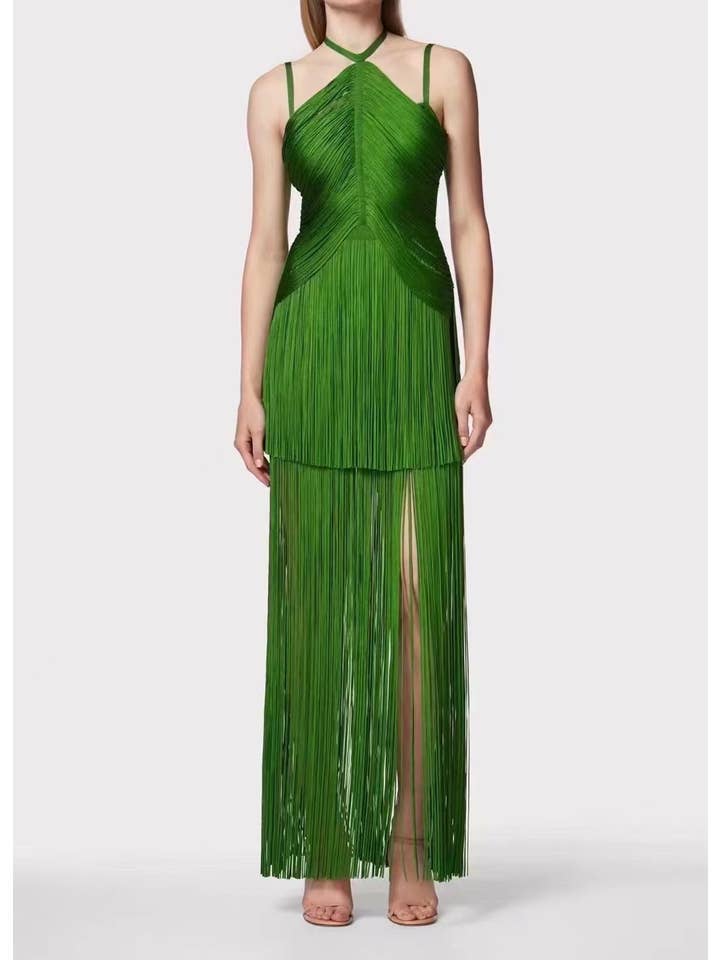 DR0249Y Sultry Green Fringe Halter Maxi Dress for wholesale on Faire