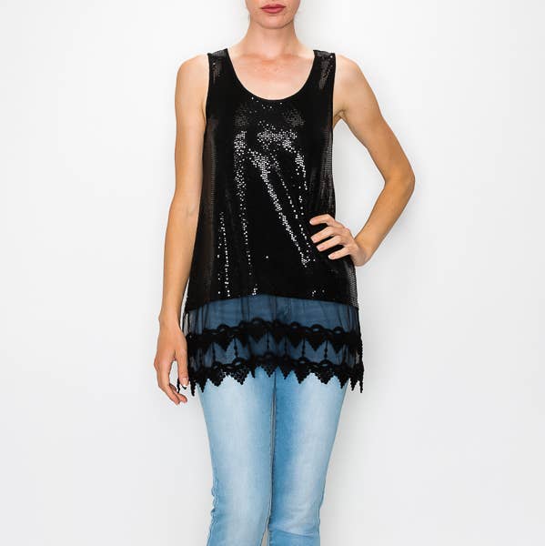 Origami Apparel ~  Lace and Crochet inspired - Wholesale Tank Top - Women's - Sparkly Foil Sequin Tunic Tank w/ Lace Hem - T124