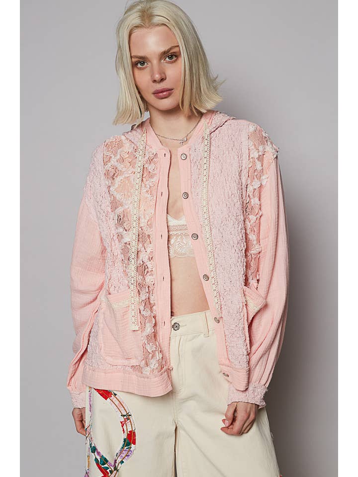 Pol Clothing - Wholesale Jacket - Women's - Balloon Sleeves Lace Solid Knit Hoodie Jacket SALE14