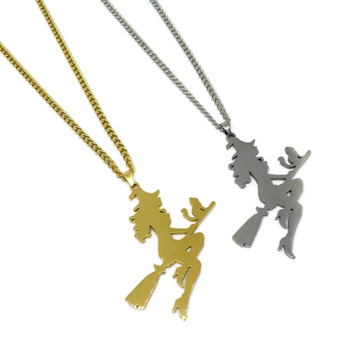 Gifts From The Crypt - Wholesale Pendant/Charm Necklace - Witch Broomstick Silhouette Necklace | Gold Silver Wizard