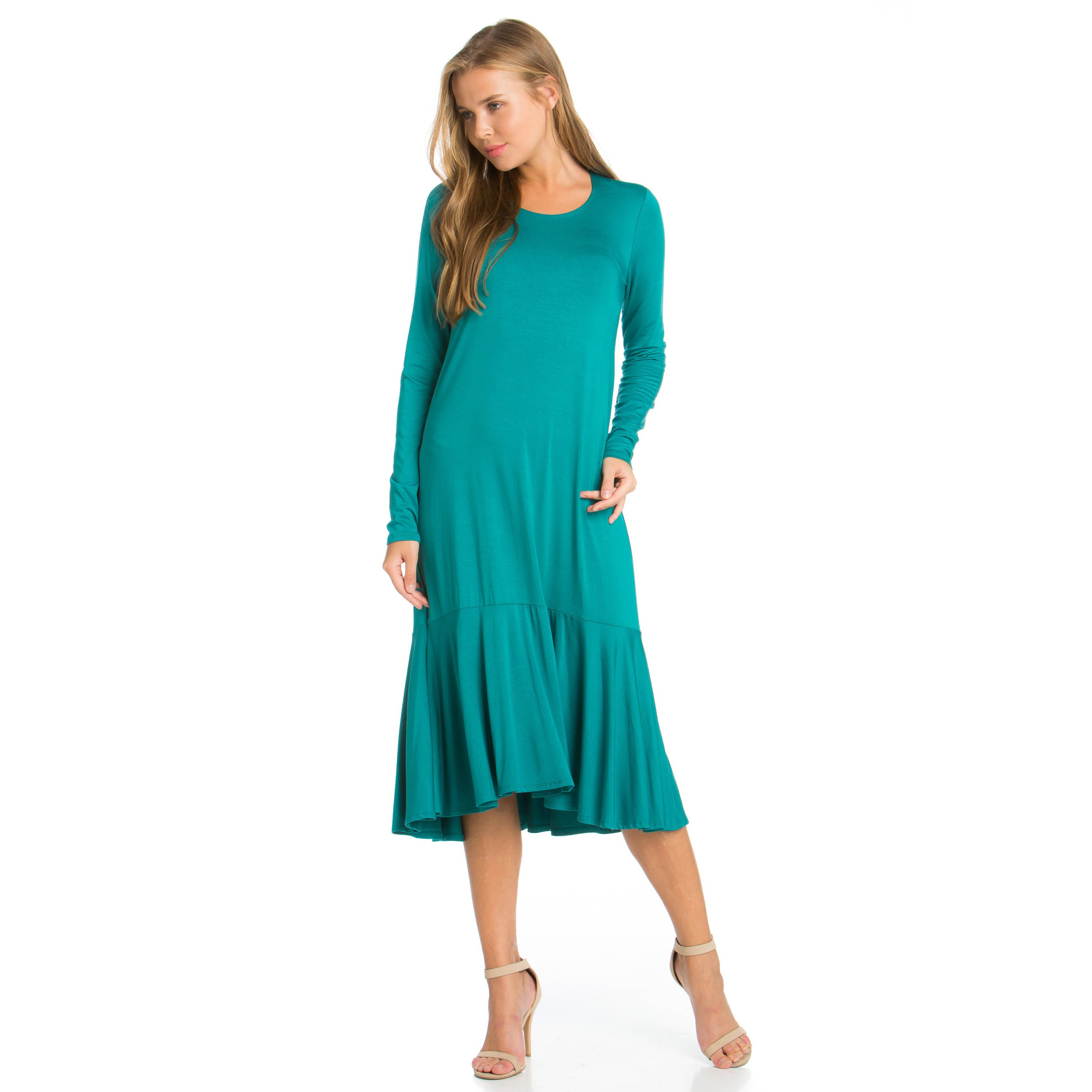 Azules Clothing - Wholesale Dress - Women's - ADM-8258RS Ruffle Hem Long Sleeve Midi Dress3
