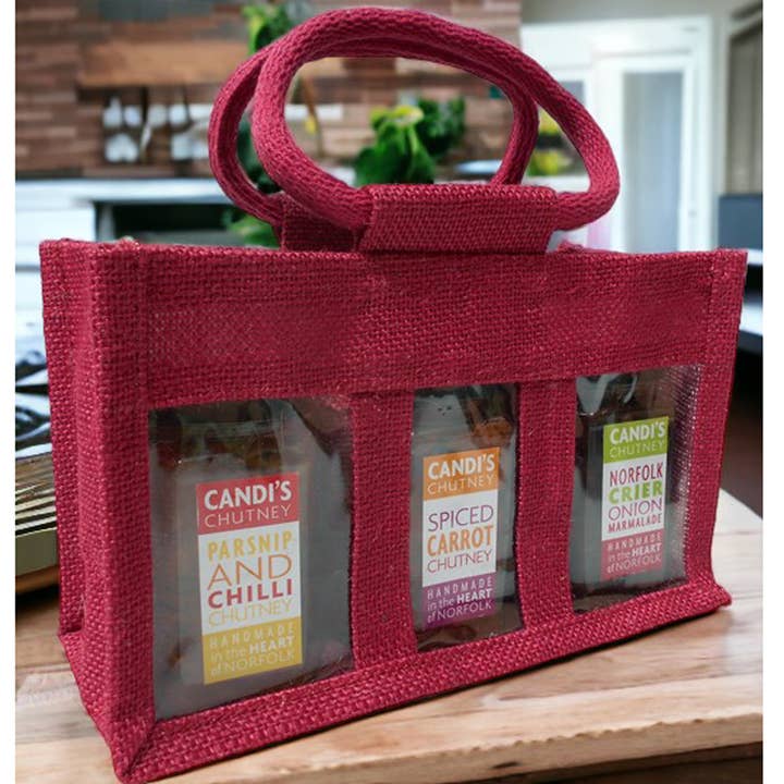 10 x Red 3 Jar Jute Bags with Handles - Natural Hessian Bags for wholesale by Candi Gifts