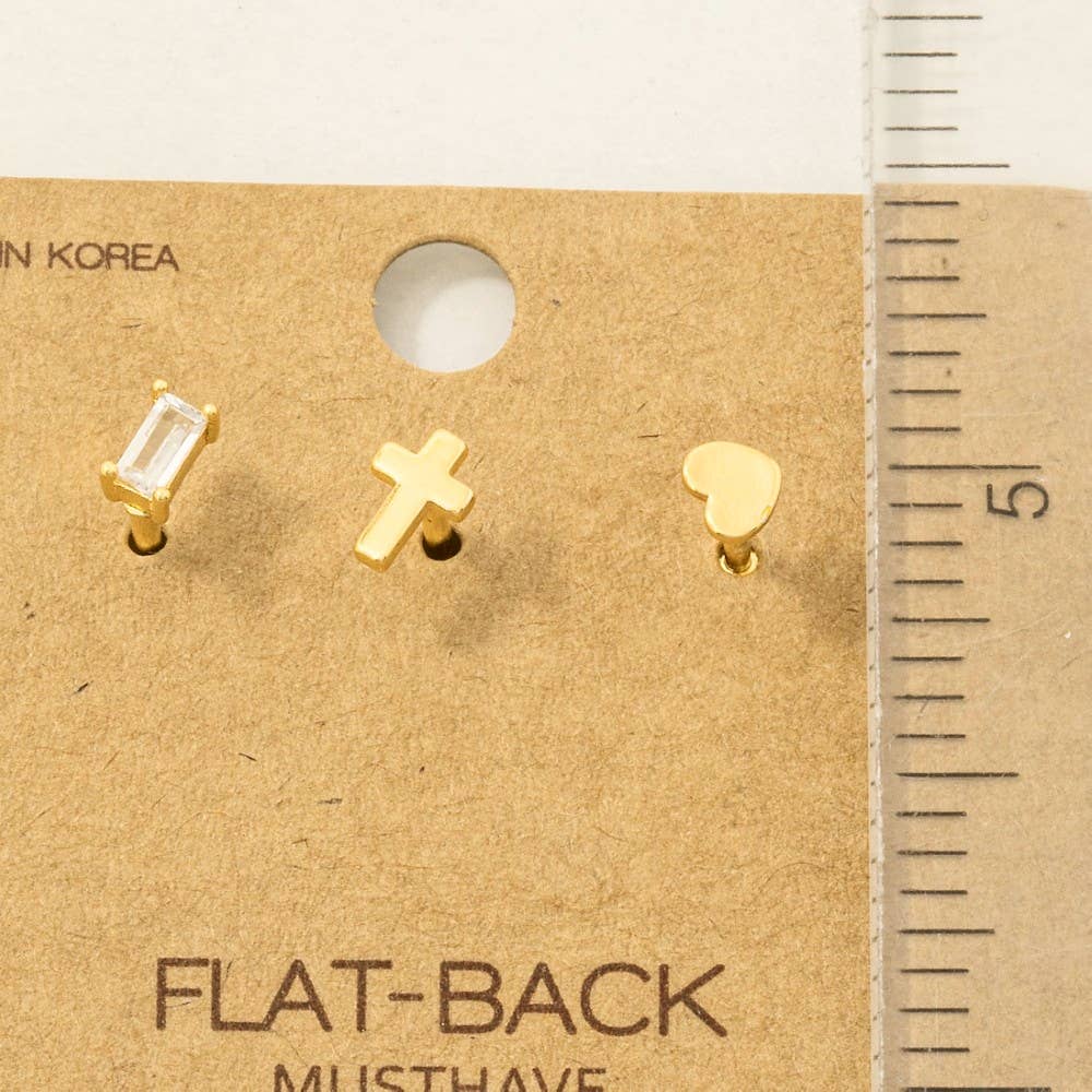 Fame Accessories - Wholesale Stud/Post Earrings - Gold Dipped Cz Heart And Cross 3Pc Flat Back Stud Earrings Set5
