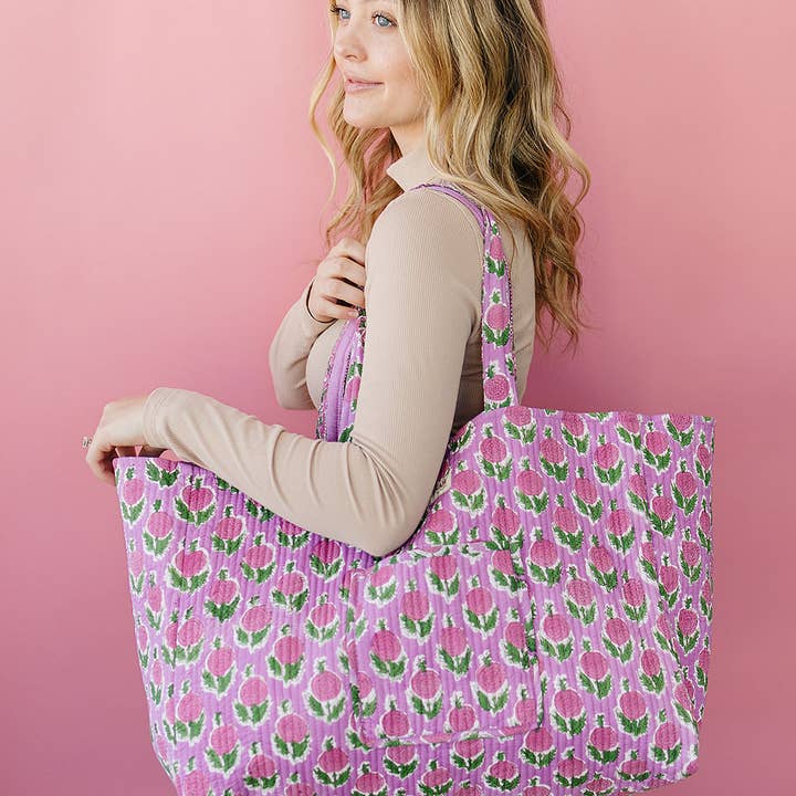 Berry smoothie floral-LARGE quilted market tote-reversible for wholesale by MYNAHbySmitha