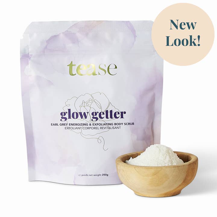 Glow Getter, gommage corporel entièrement naturel Earl Grey pour la vente par Tease | Wellness Tea Blends + Accessories