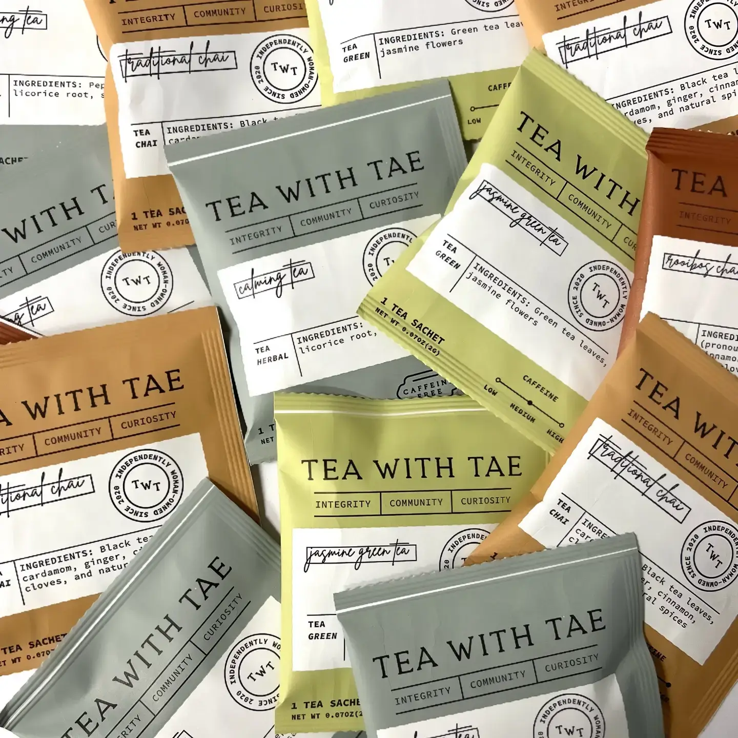 Tea with Tae – wholesale Tepåsar – Tepåseprov (1 av varje av våra individuellt inslagna smaker)3