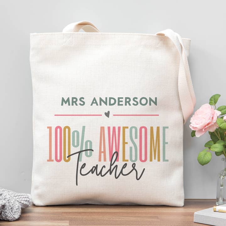 100% Awesome Teacher Tote Bag for wholesale by DoodlecardsBoutique