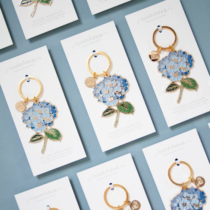 Seniman Calligraphy - Wholesale Keychain - Women's - Blue Hydrangea Gold Soft Enamel Key Chain3