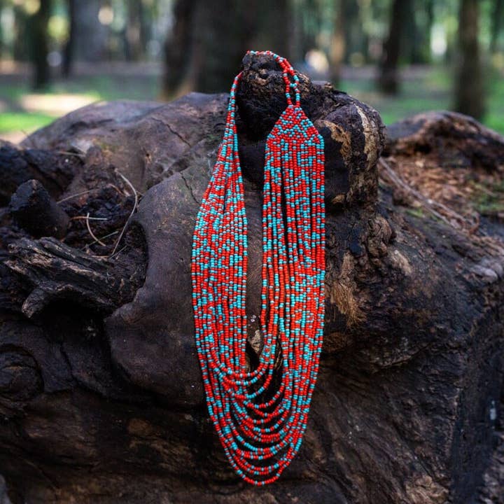 Arriba - Native Beaded Necklace in Red & Blue for wholesale by Mother Sierra