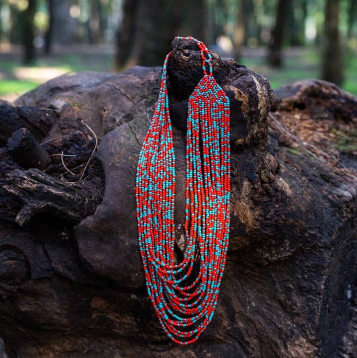 Arriba - Native Beaded Necklace in Red & Blue for wholesale by Mother Sierra