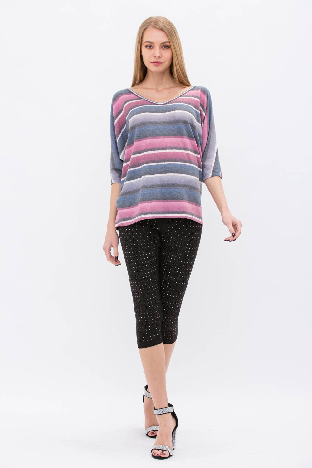 VOCAL - Wholesale Knit Top - Women's - STRIPE KIMONO SLEEVE TOP WITH STRINGS IN THE BACK 19328S5