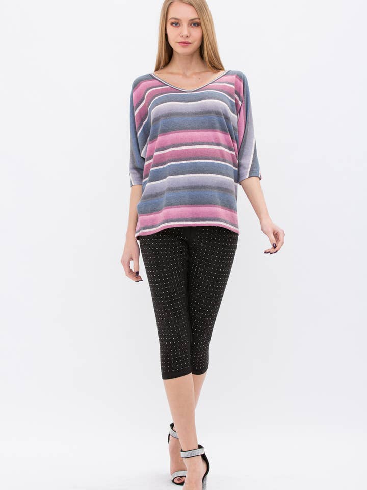 VOCAL - Wholesale Knit Top - Women's - STRIPE KIMONO SLEEVE TOP WITH STRINGS IN THE BACK 19328S5