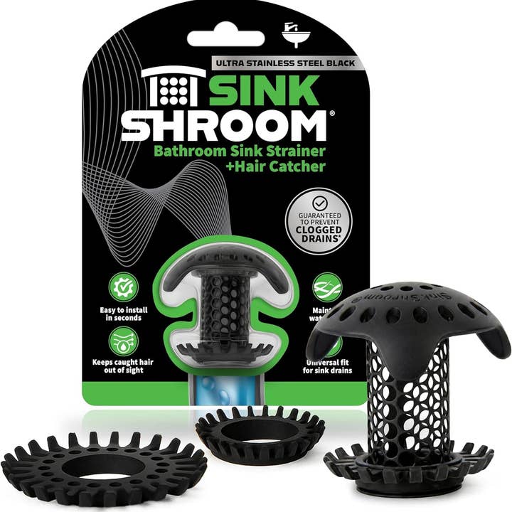 Protecteur de bonde de lavabo SinkShroom Ultra pour salle de bains, acier inoxydable, noir mat, attrape-cheveux avec plusieurs adaptateurs de bonde pour la vente par TubShroom