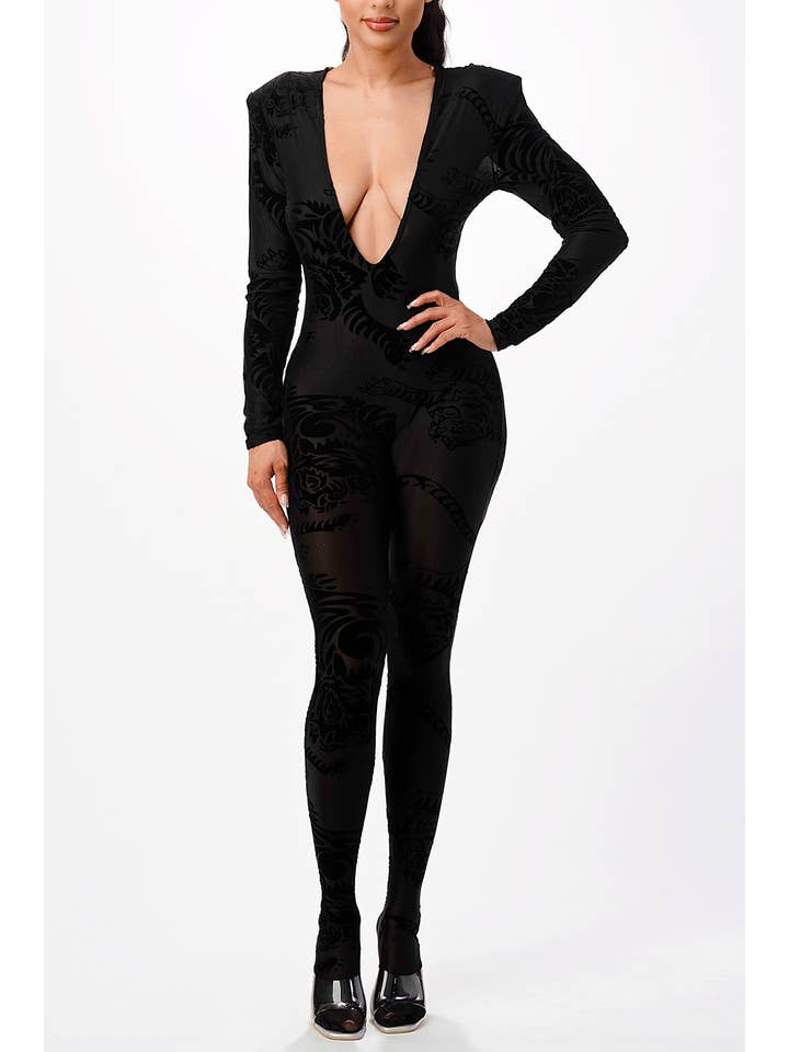 BLACK BP2450-Velvet burnout Mesh jumpsuit for wholesale on Faire2