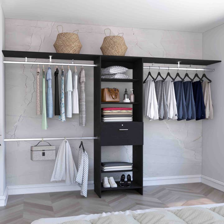 Zamora Closet System, Three Hanging Rods, Five Shelves, One Drawer for wholesale by Depot E-Shop