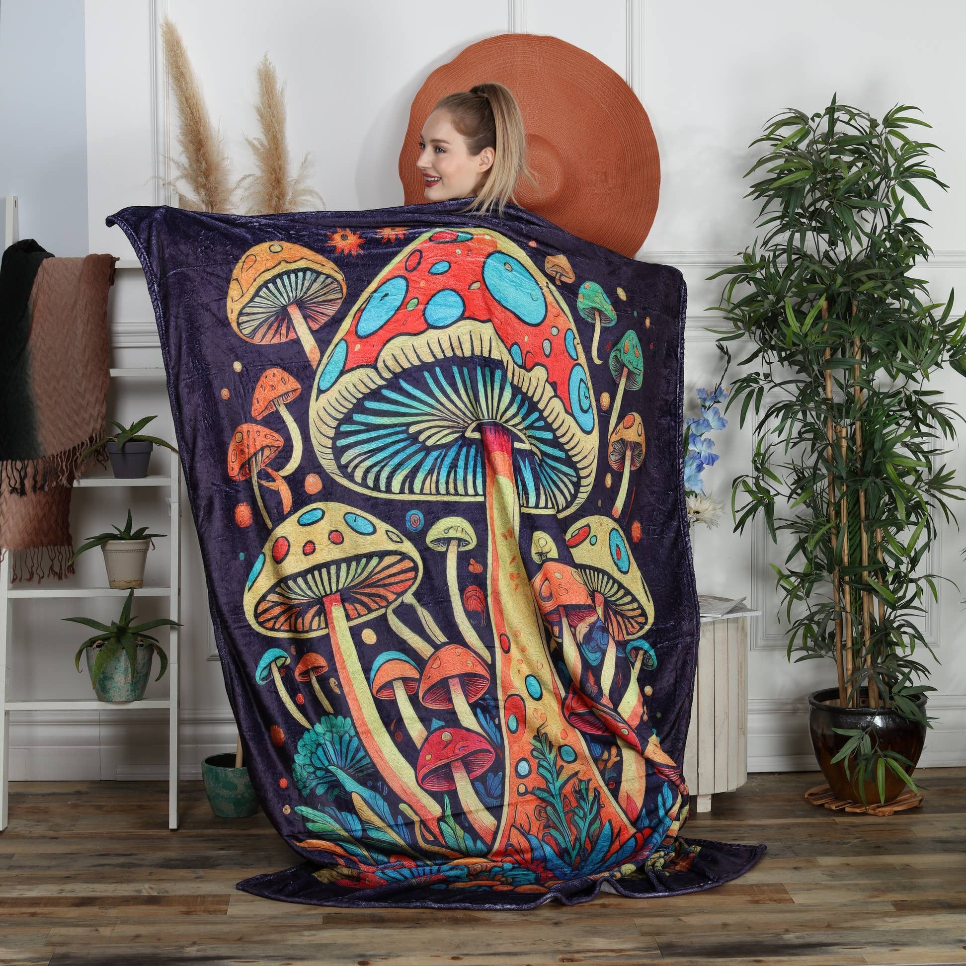 The Collection Royal / Royal Handicrafts - Wholesale Decoratiedeken - Hippie Boho-plaid van flanellen fleece, Mushroom Jungle2