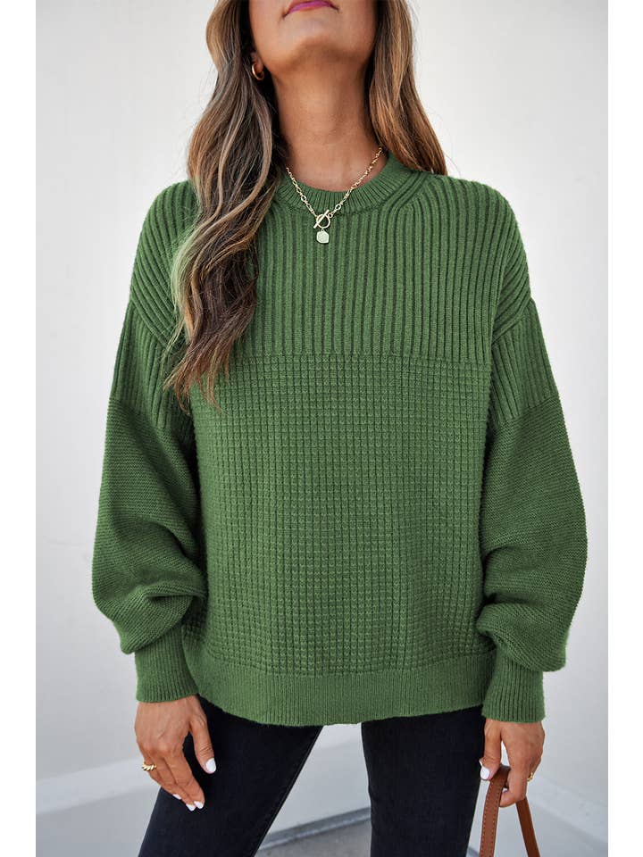 Vineyard Green Solid Textured Knit Crewneck Sweater for wholesale on Faire4