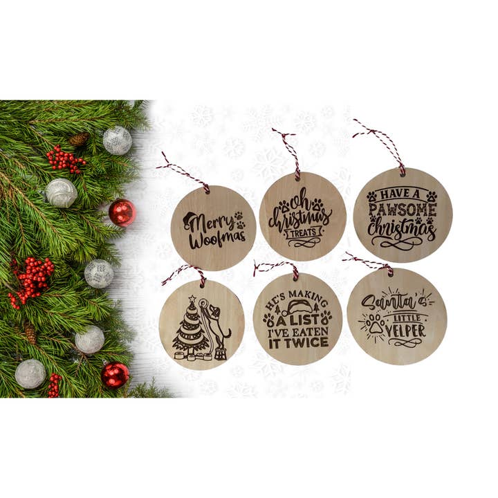 Set di 6 decorazioni natalizie in legno a tema cane (10x10 cm) per la vendita all'ingrosso da parte di Wooden Nose Gift Shop