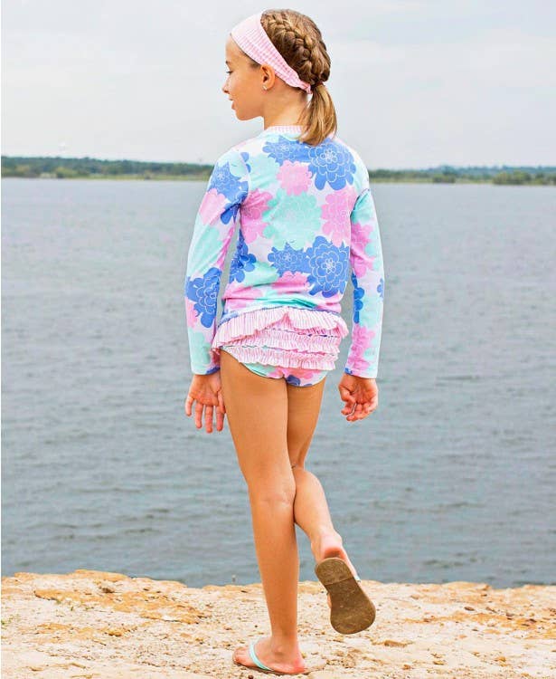 RuffleButts + RuggedButts - Wholesale Rashguard - Kids - Girls Pastel Petals Long Sleeve Rash Guard 2-Piece Swimsuit with Signature Rear Ruffles4