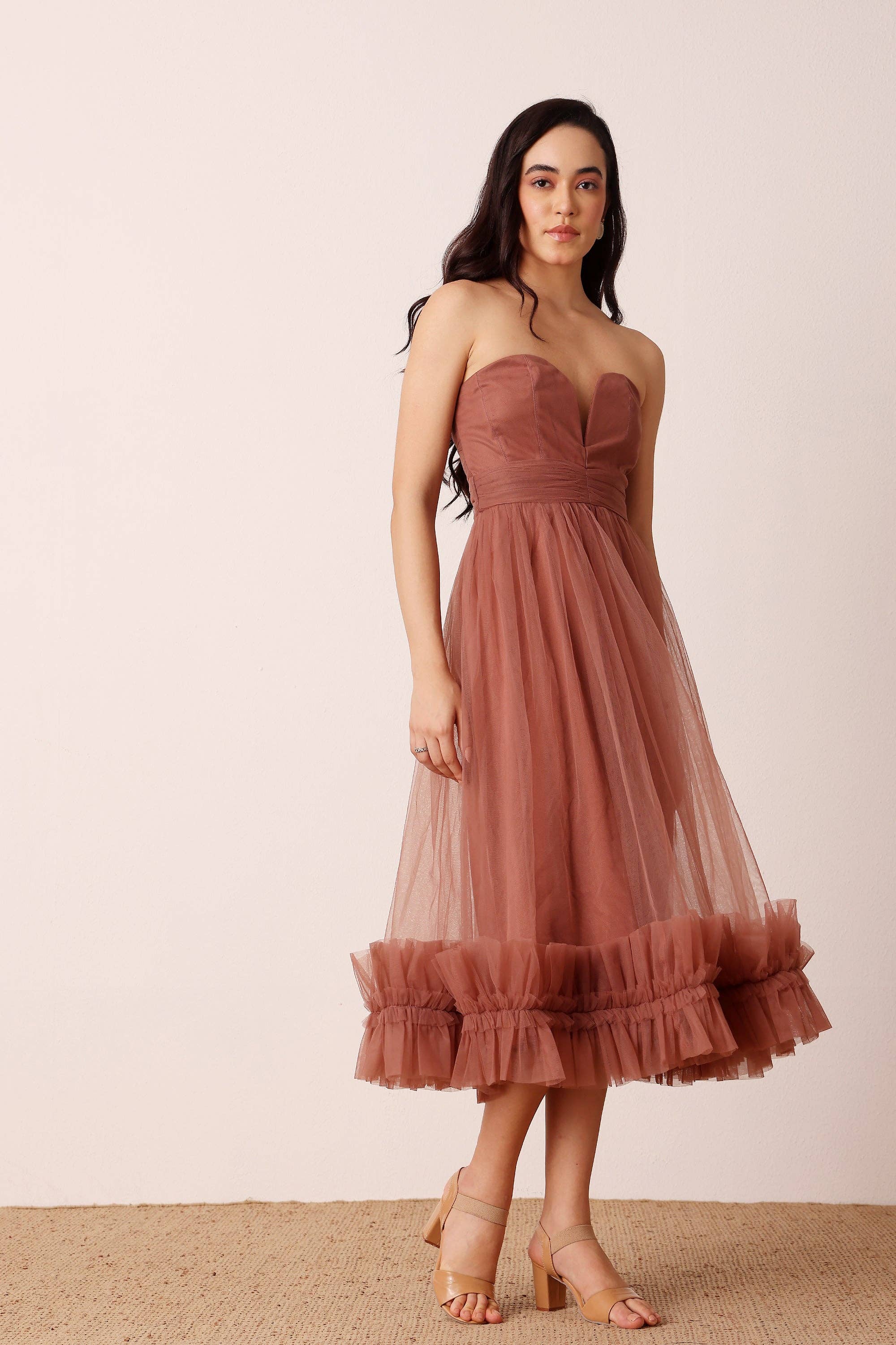 Orion Tulle Midi Dress in Rose Brown for wholesale on Faire3