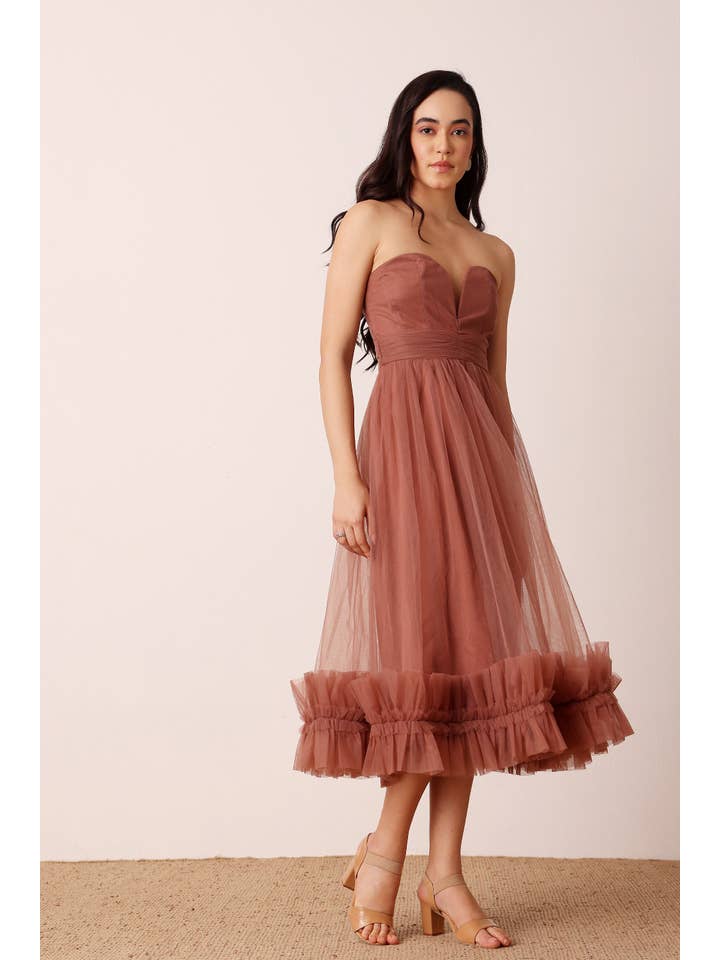Orion Tulle Midi Dress in Rose Brown for wholesale on Faire3