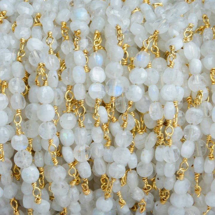 4mm Rainbow Moonstone faceted coin Trio Gold Chain 54pcs for wholesale by The Bead Traders