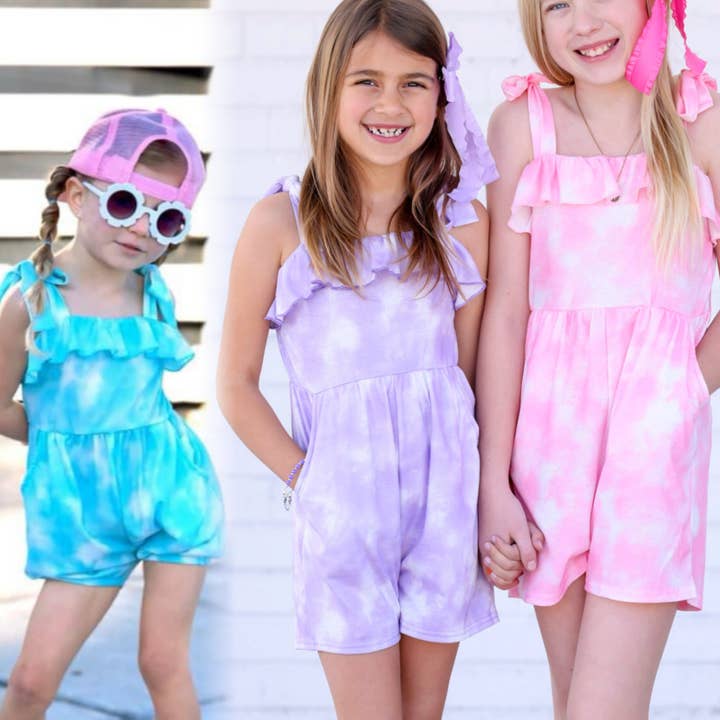 Tie Dye Rompers (pink, blue, lavender) for wholesale by Makena Lane