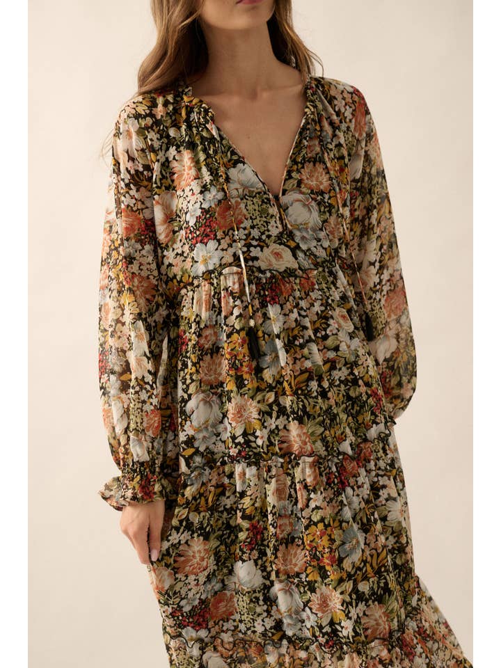 Black Floral V-Neck Chiffon Midi Dress for wholesale on Faire1