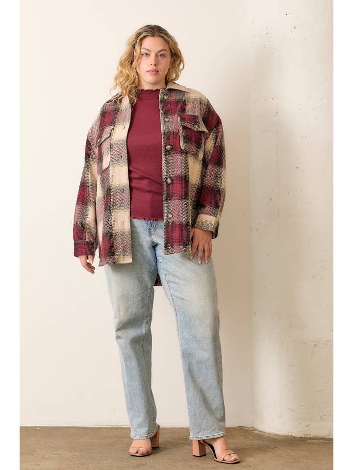 BURGUNDY MULTI BUTTON UP COLLARED PLAID JACKET for wholesale on Faire4
