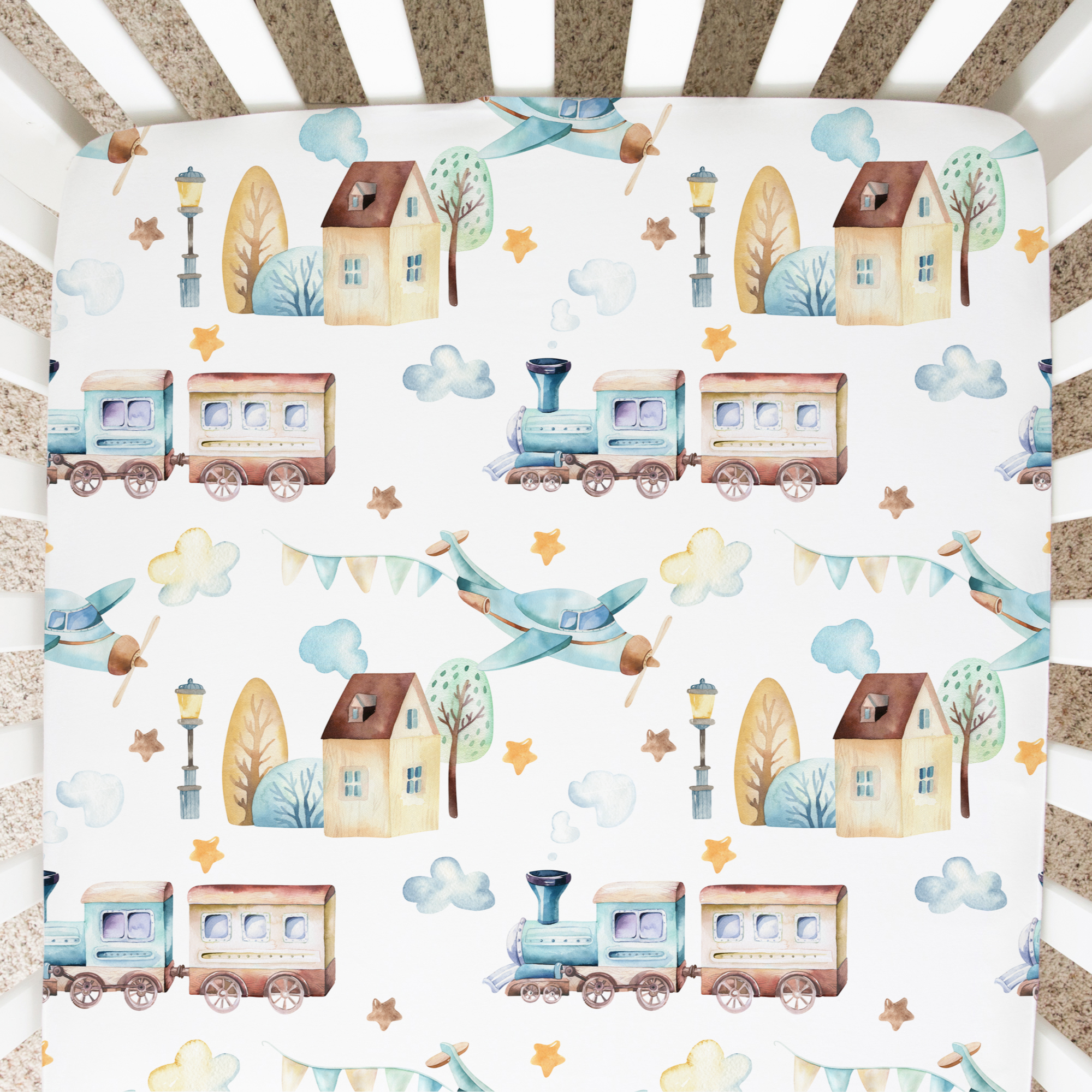 Honey Lemonade- Minky Baby Blankets and Gifts - Wholesale Cot/Crib Sheets - Fitted Crib Sheet - Airplane & Train6