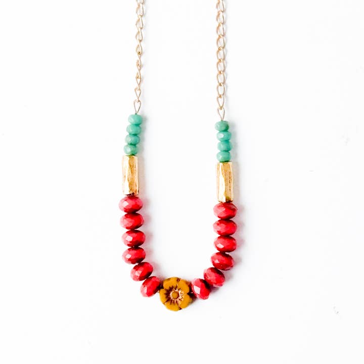 Dainty flower necklace with red beads, Dainty Necklace for wholesale by Nest Pretty Things