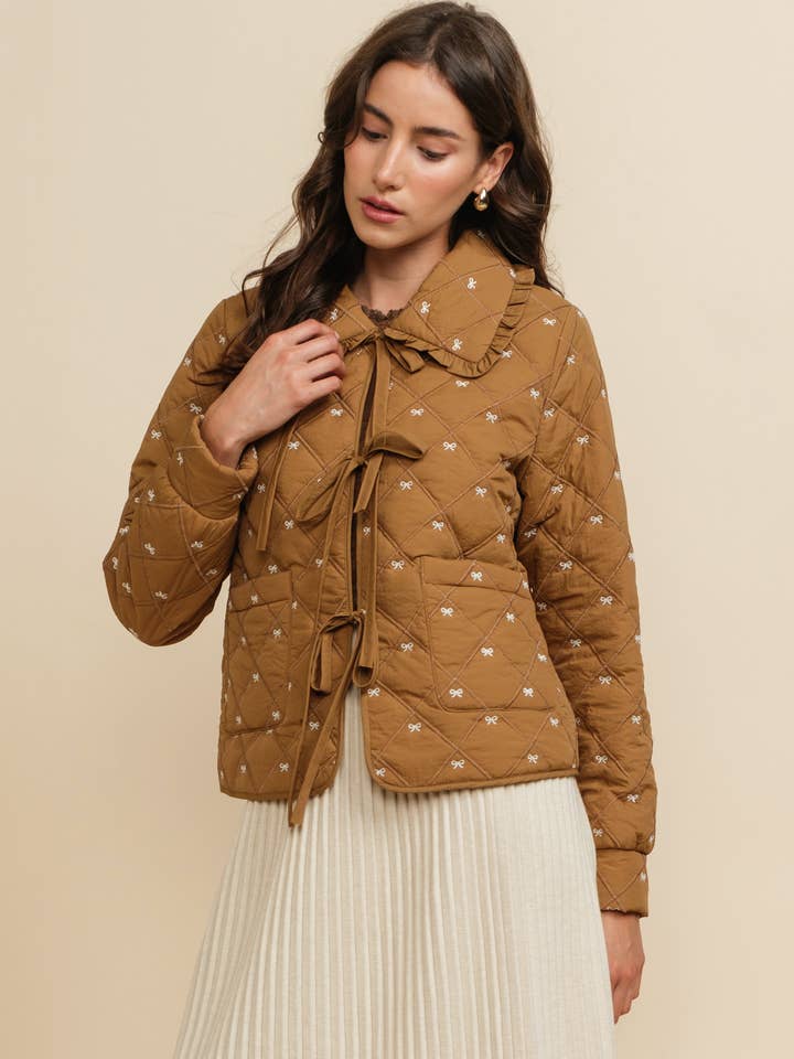 A & SHE - Wholesale Jacket - Women's - Quilted Embroidered Bow Tie Front Jacket with Ruffle Collar11