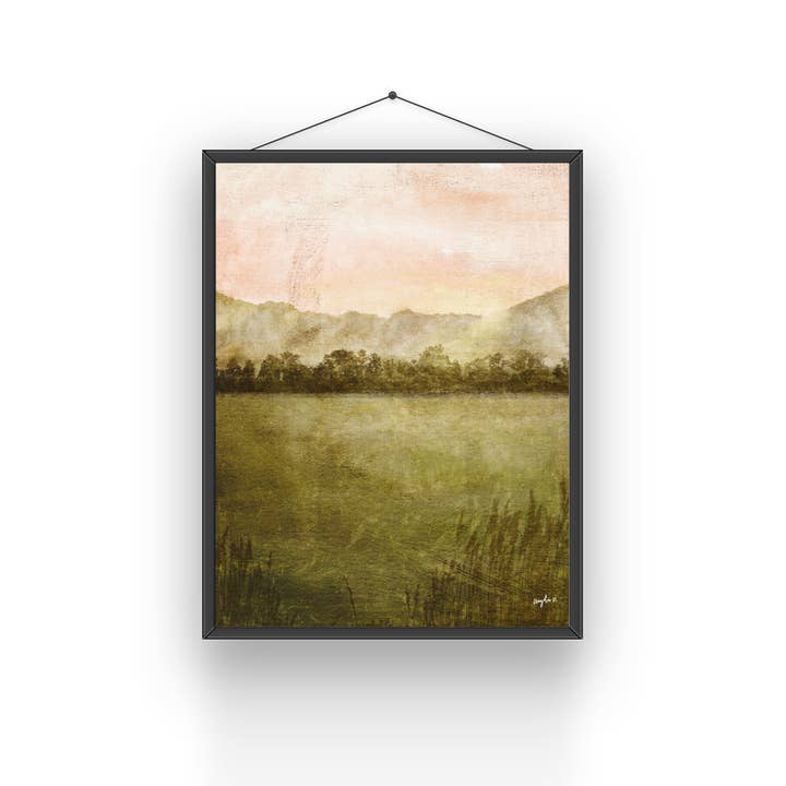 Impression d'art de paysage vert pêche à l'aquarelle pour la vente par Modera Studio